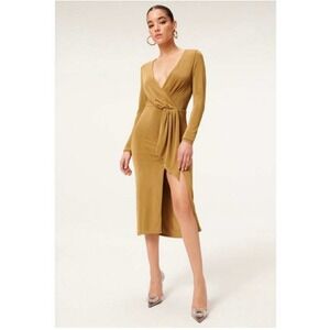 Good American Dress Womens S Gold Long Sleeve‎ Wrap Midi Tie Waist Stretchy NWT